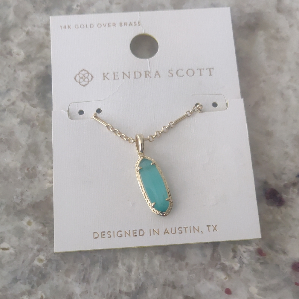 New!Kendra Scott 14K Gold Necklace Eva Aqua Pendant Teal Cat's Eye Glass Y2K